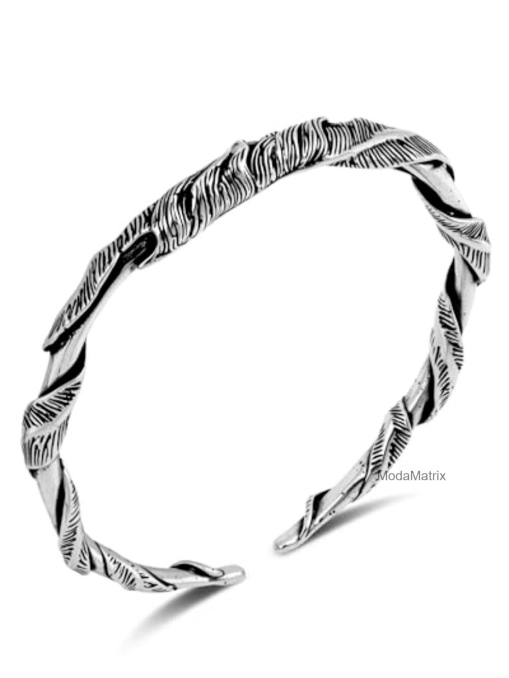 Vintage Adjustable Silver Plated Stainless Steel Feather Cuff Bracelet